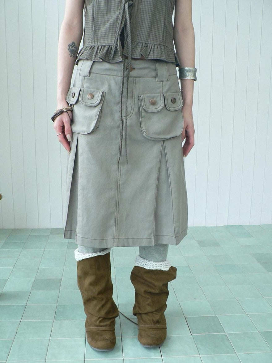 ang project Light Gray Exposed Stitch Pleated 3D Pocket Vintage Women&