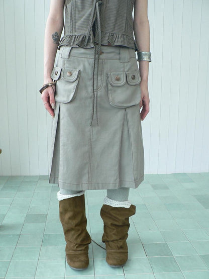 ang project Light Gray Exposed Stitch Pleated 3D Pocket Vintage Women&