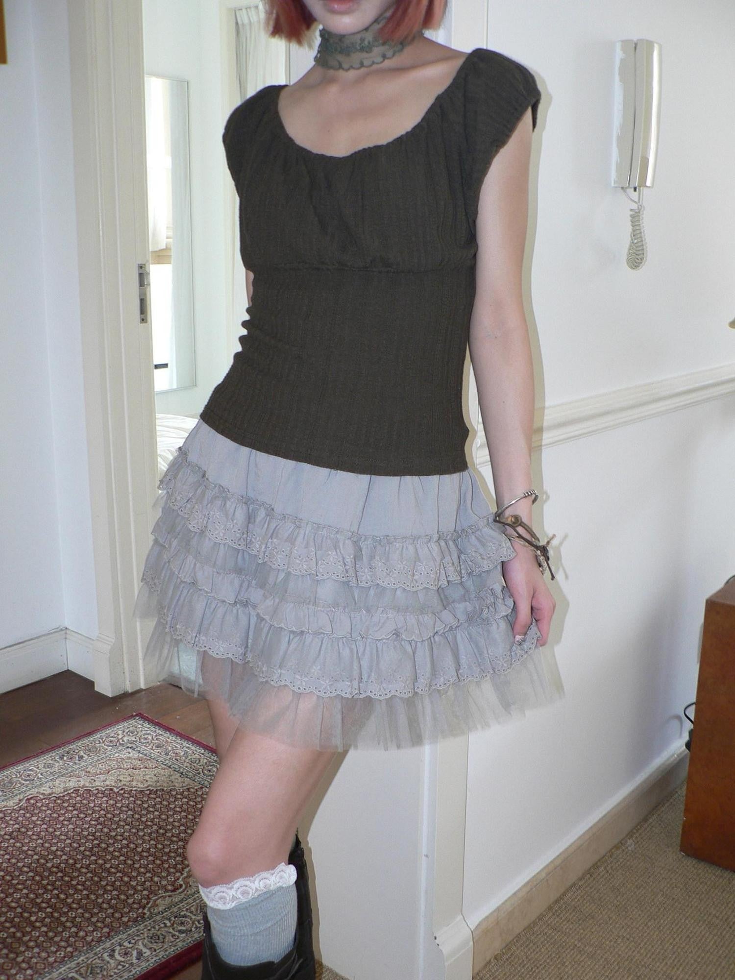 ang project Light Gray Lace Mesh Cutout Spliced Tiered Women&