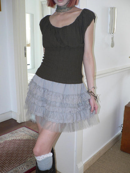 ang project Light Gray Lace Mesh Cutout Spliced Tiered Women&