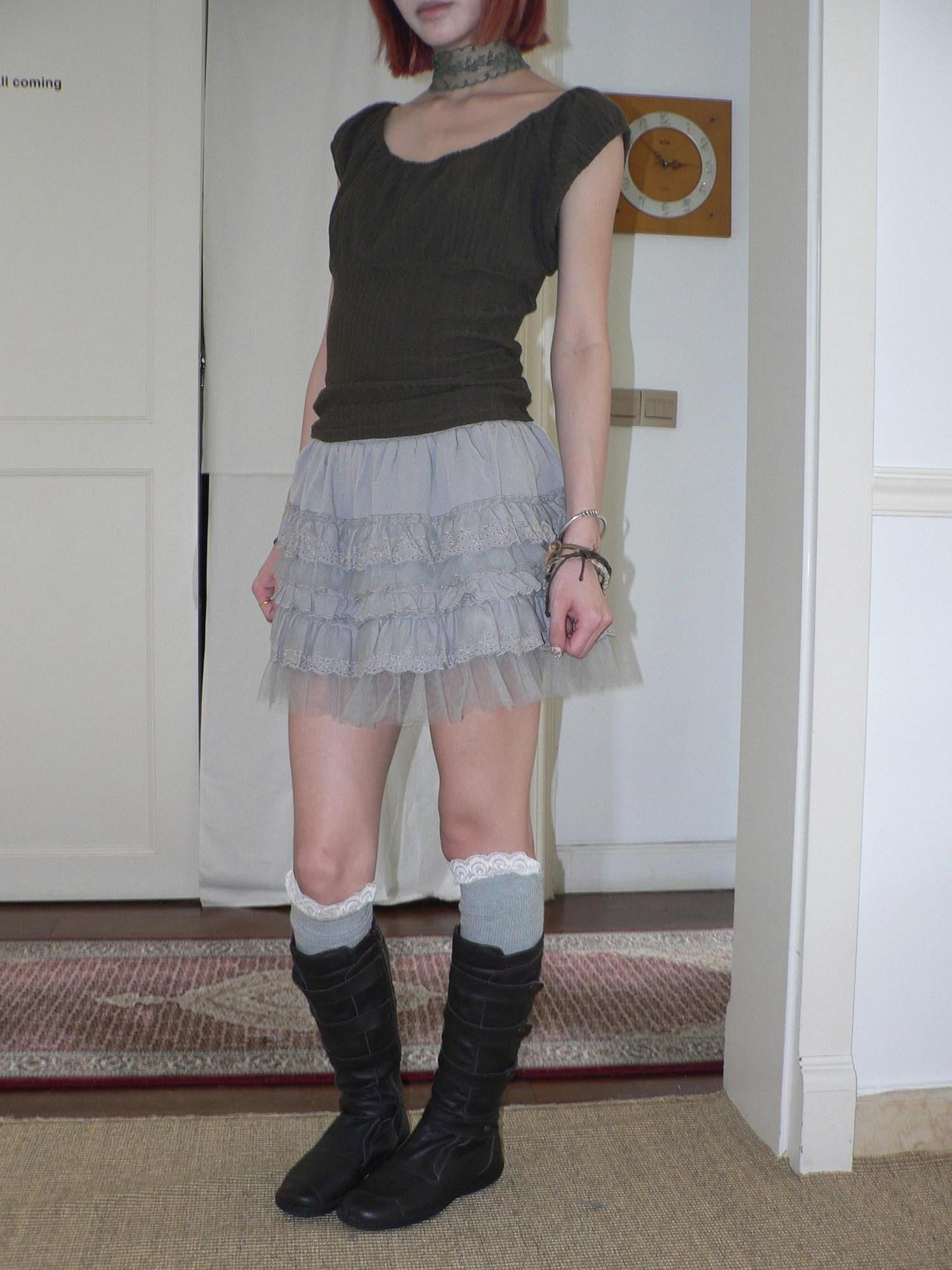 ang project Light Gray Lace Mesh Cutout Spliced Tiered Women&