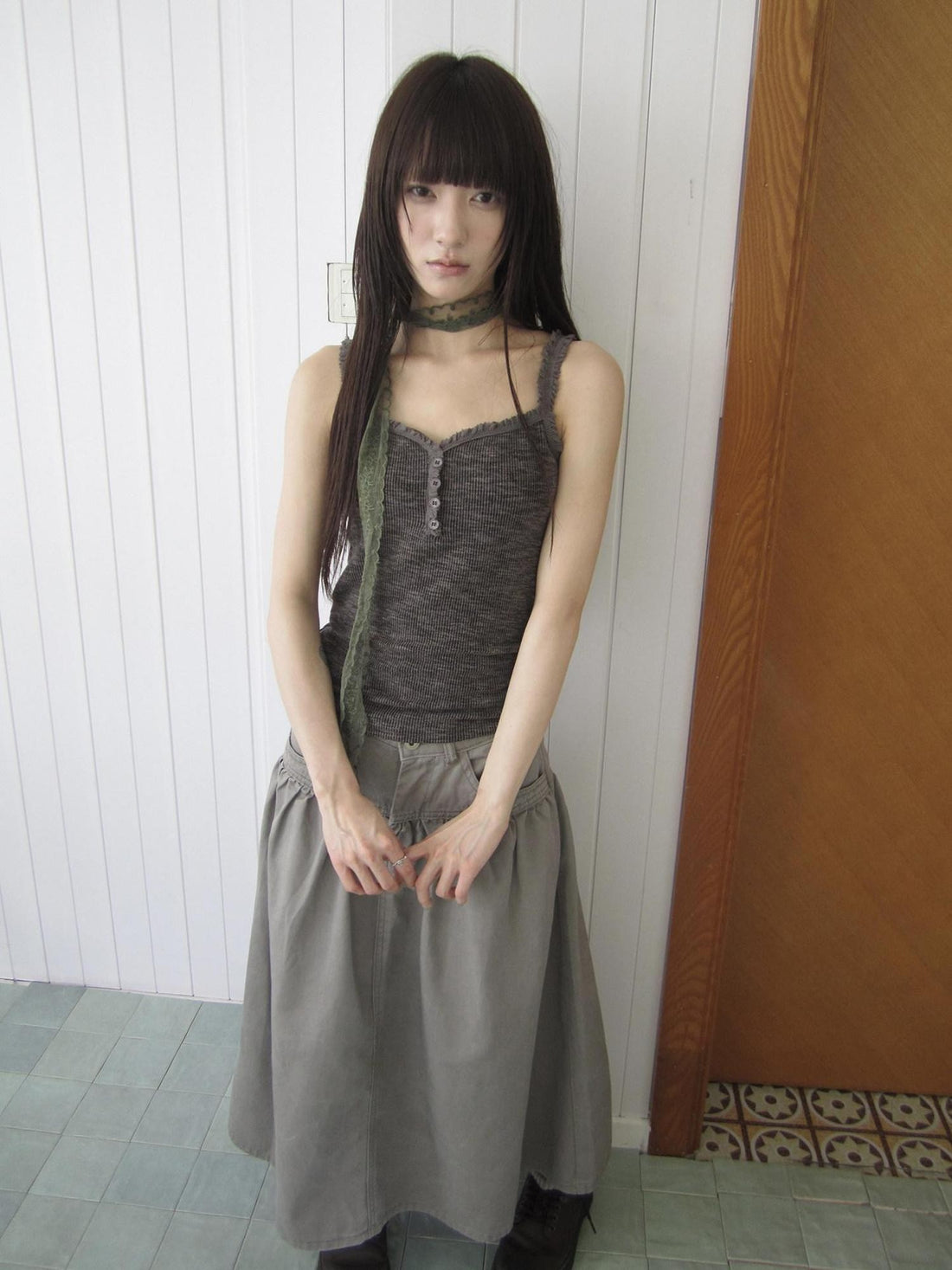 ang project Light Gray Mocha Button Lace Spliced Cropped Slim Fit Women&