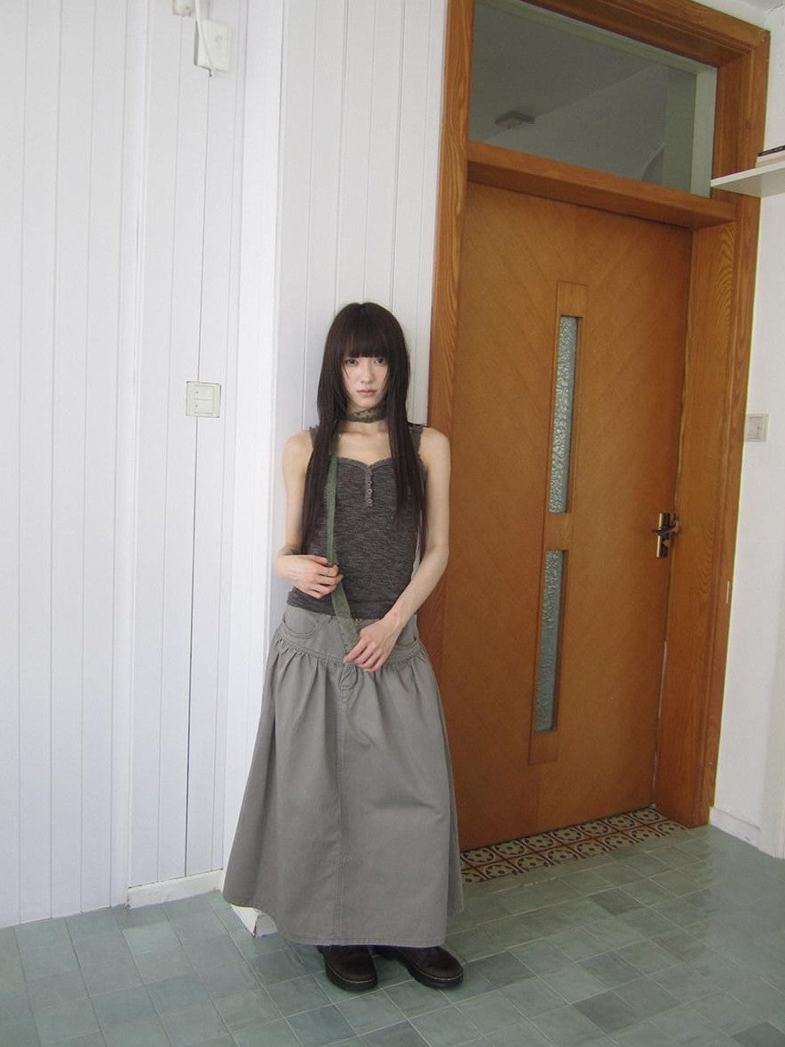 ang project Light Gray Mocha Button Lace Spliced Cropped Slim Fit Women&