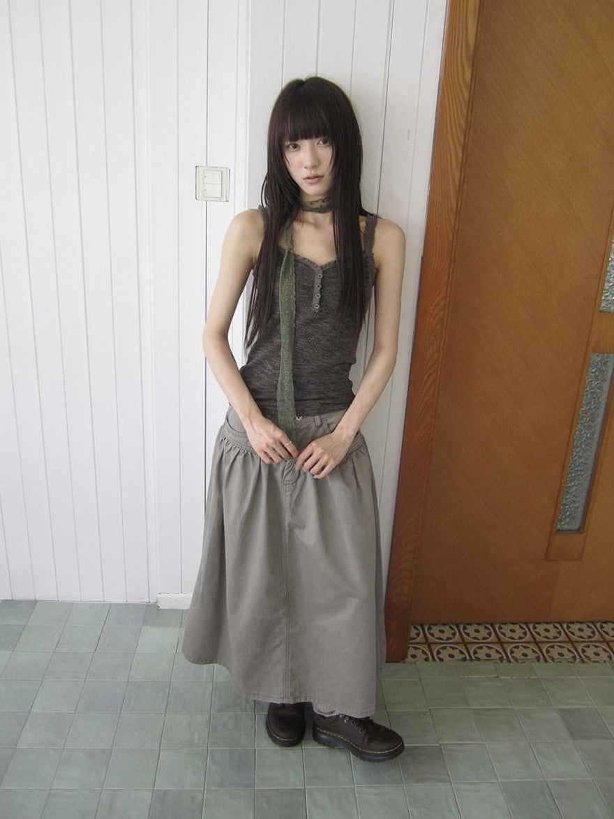 ang project Light Gray Mocha Button Lace Spliced Cropped Slim Fit Women&