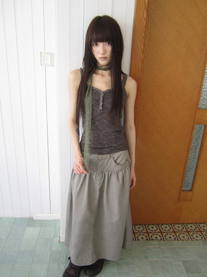 ang project Light Gray Mocha Button Lace Spliced Cropped Slim Fit Women&