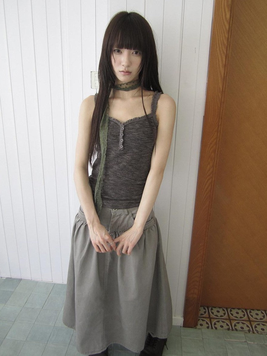 ang project Light Gray Mocha Button Lace Spliced Cropped Slim Fit Women&
