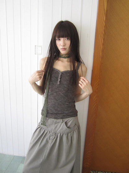 ang project Light Gray Mocha Button Lace Spliced Cropped Slim Fit Women&