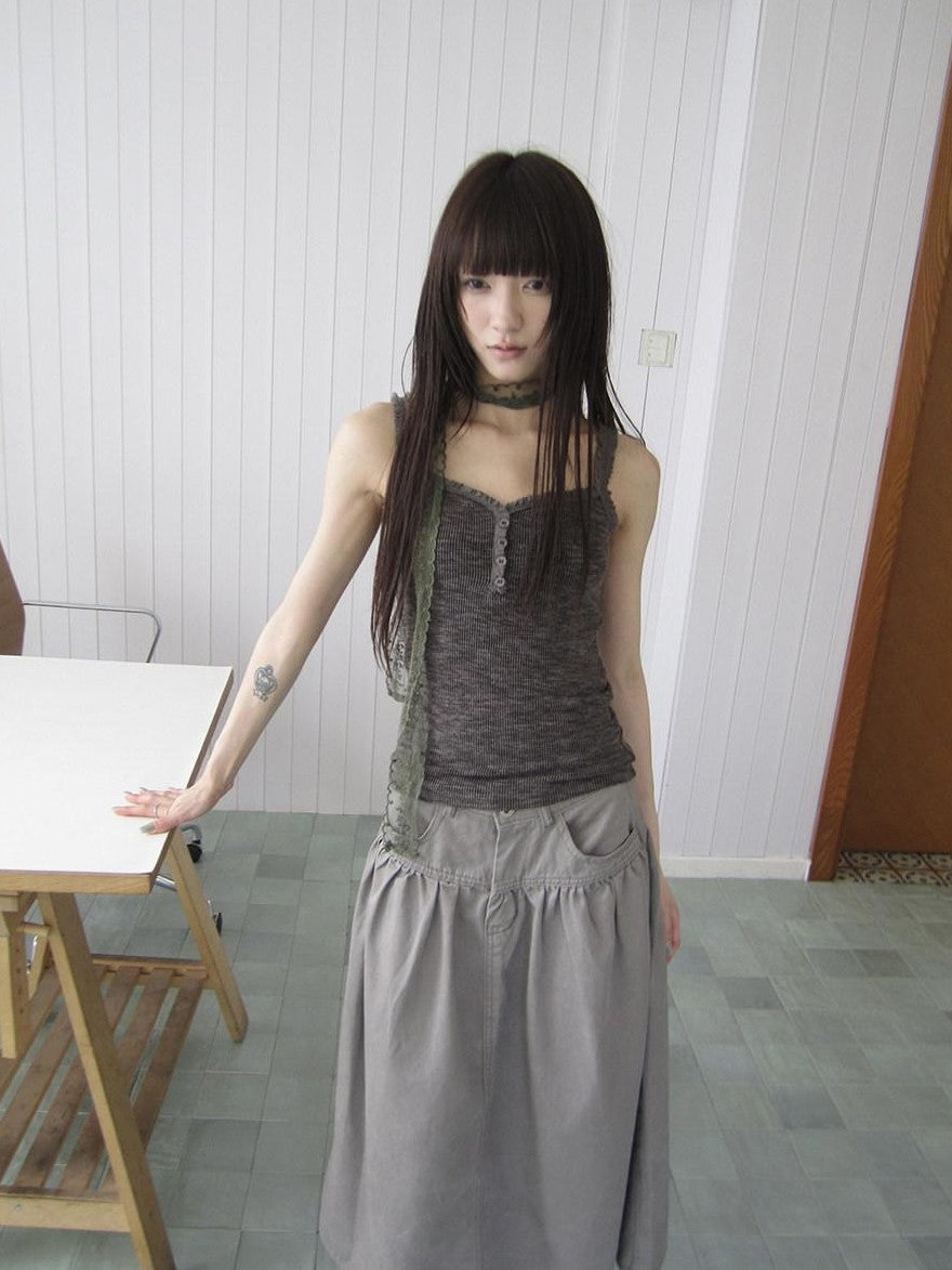 ang project Light Gray Mocha Button Lace Spliced Cropped Slim Fit Women&