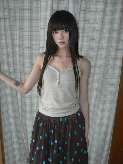 ang project Light Gray Mocha Button Lace Spliced Cropped Slim Fit Women&
