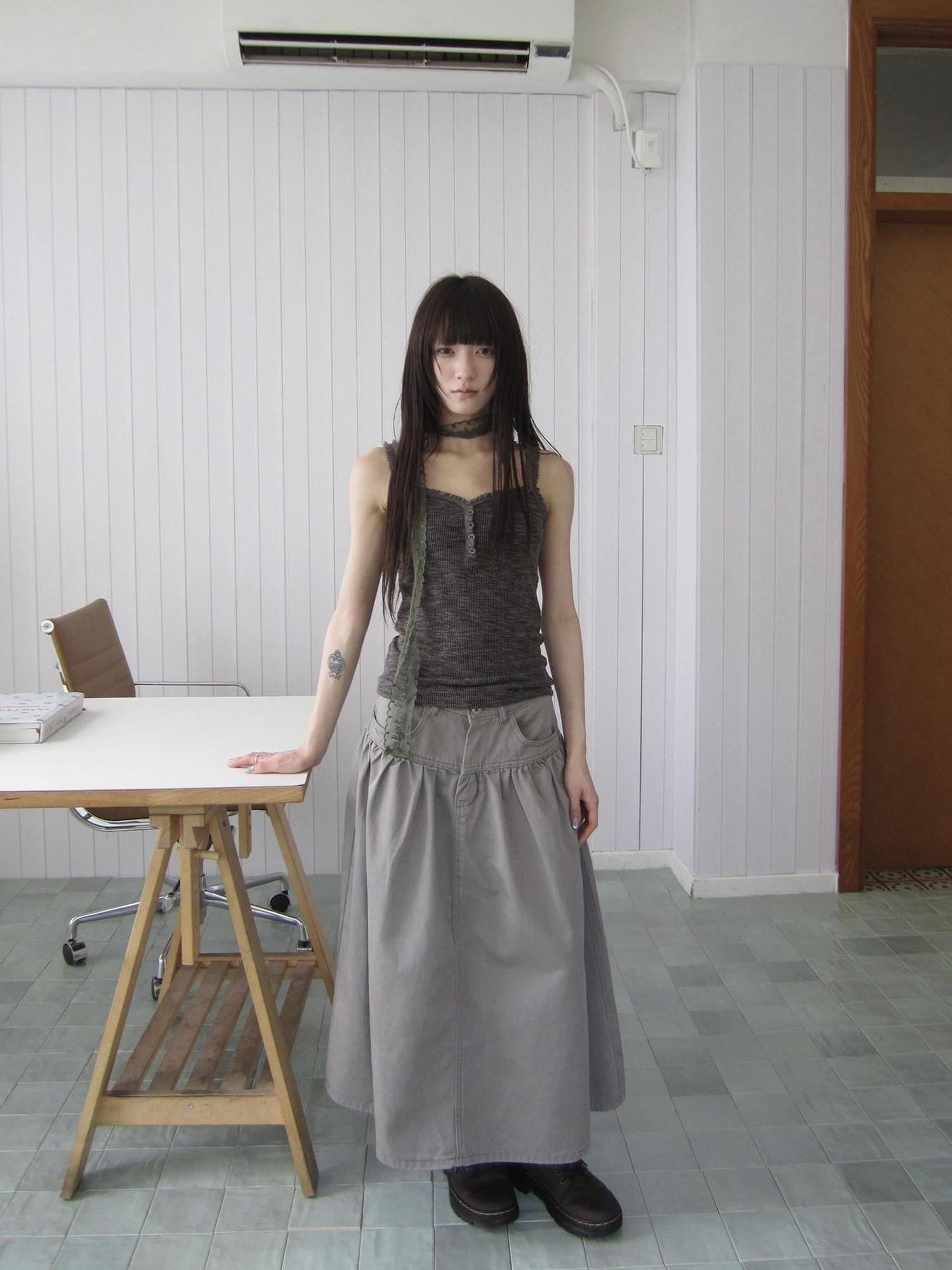 ang project Light Gray Mocha Button Lace Spliced Cropped Slim Fit Women&