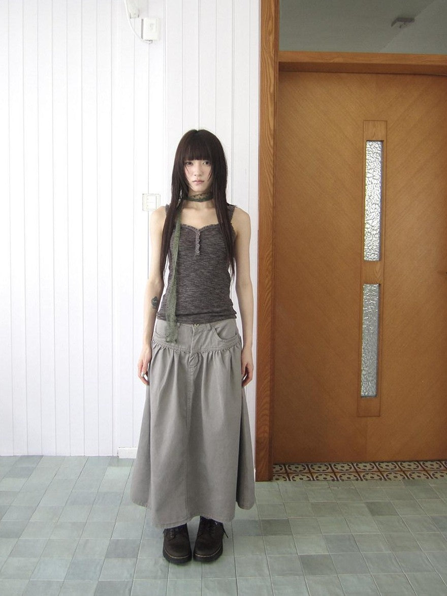 ang project Light Gray Mocha Button Lace Spliced Cropped Slim Fit Women&