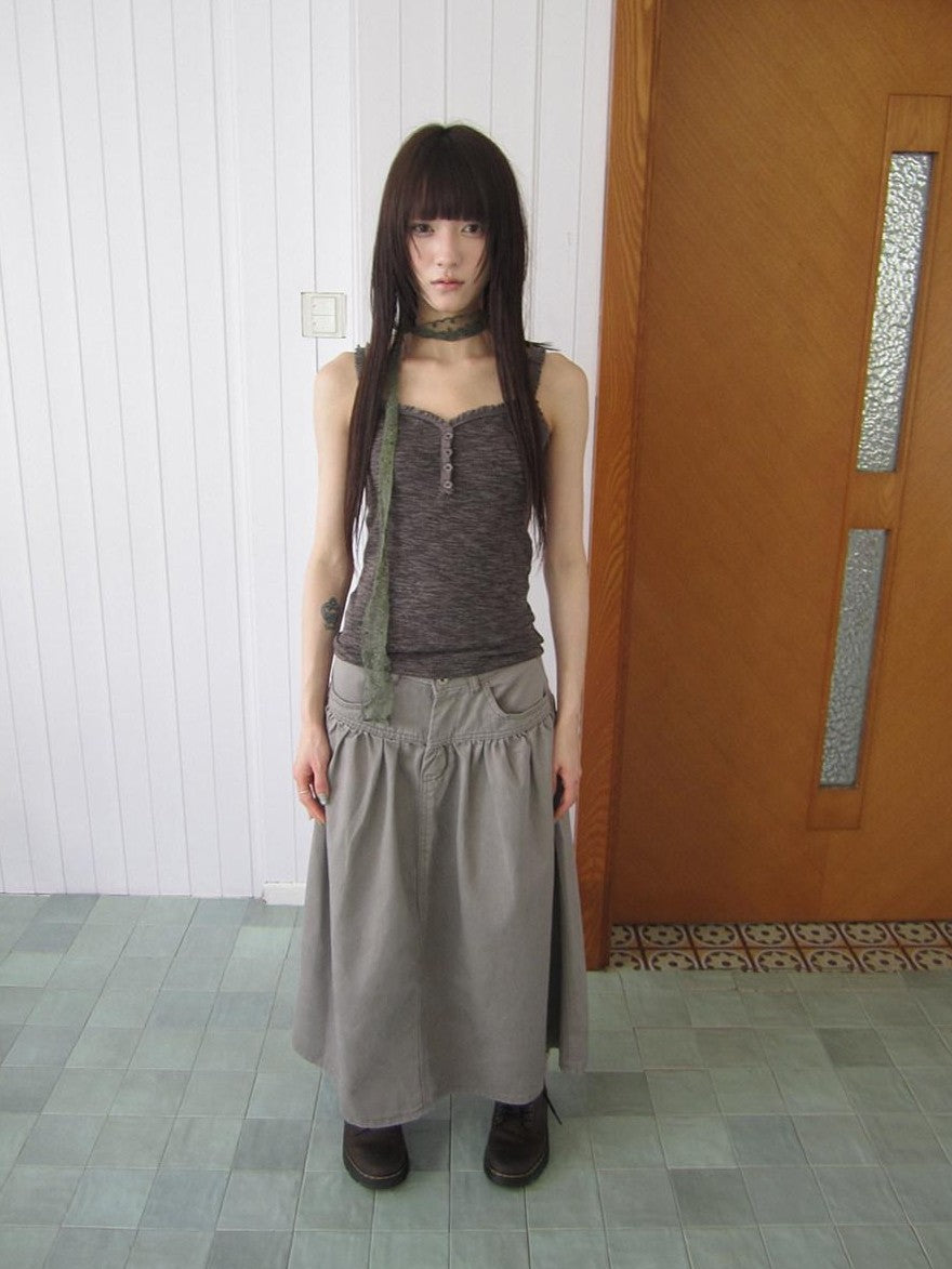 ang project Light Gray Mocha Button Lace Spliced Cropped Slim Fit Women&