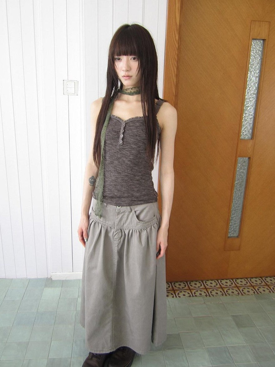 ang project Light Gray Mocha Button Lace Spliced Cropped Slim Fit Women&