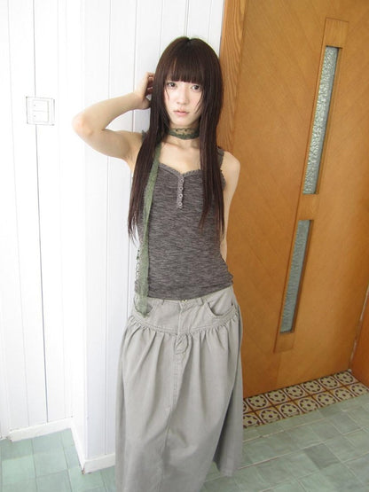 ang project Light Gray Mocha Button Lace Spliced Cropped Slim Fit Women&
