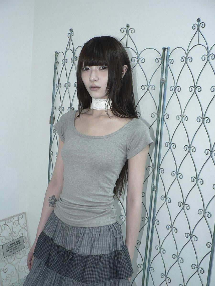 ang project Light Gray Solid Stretch Slim U Neck Women&