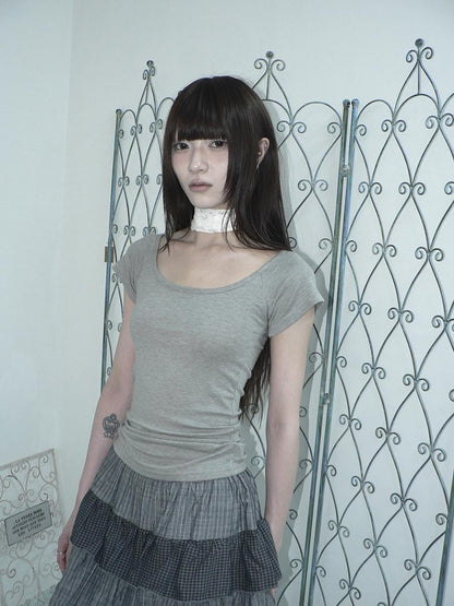 ang project Light Gray Solid Stretch Slim U Neck Women&