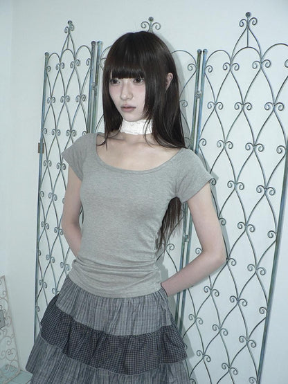 ang project Light Gray Solid Stretch Slim U Neck Women&