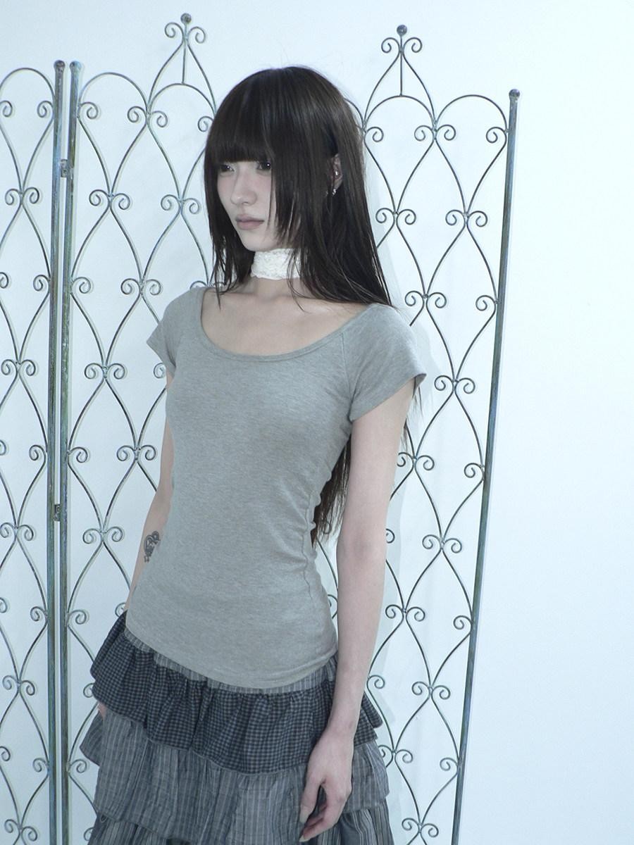 ang project Light Gray Solid Stretch Slim U Neck Women&
