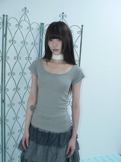 ang project Light Gray Solid Stretch Slim U Neck Women&