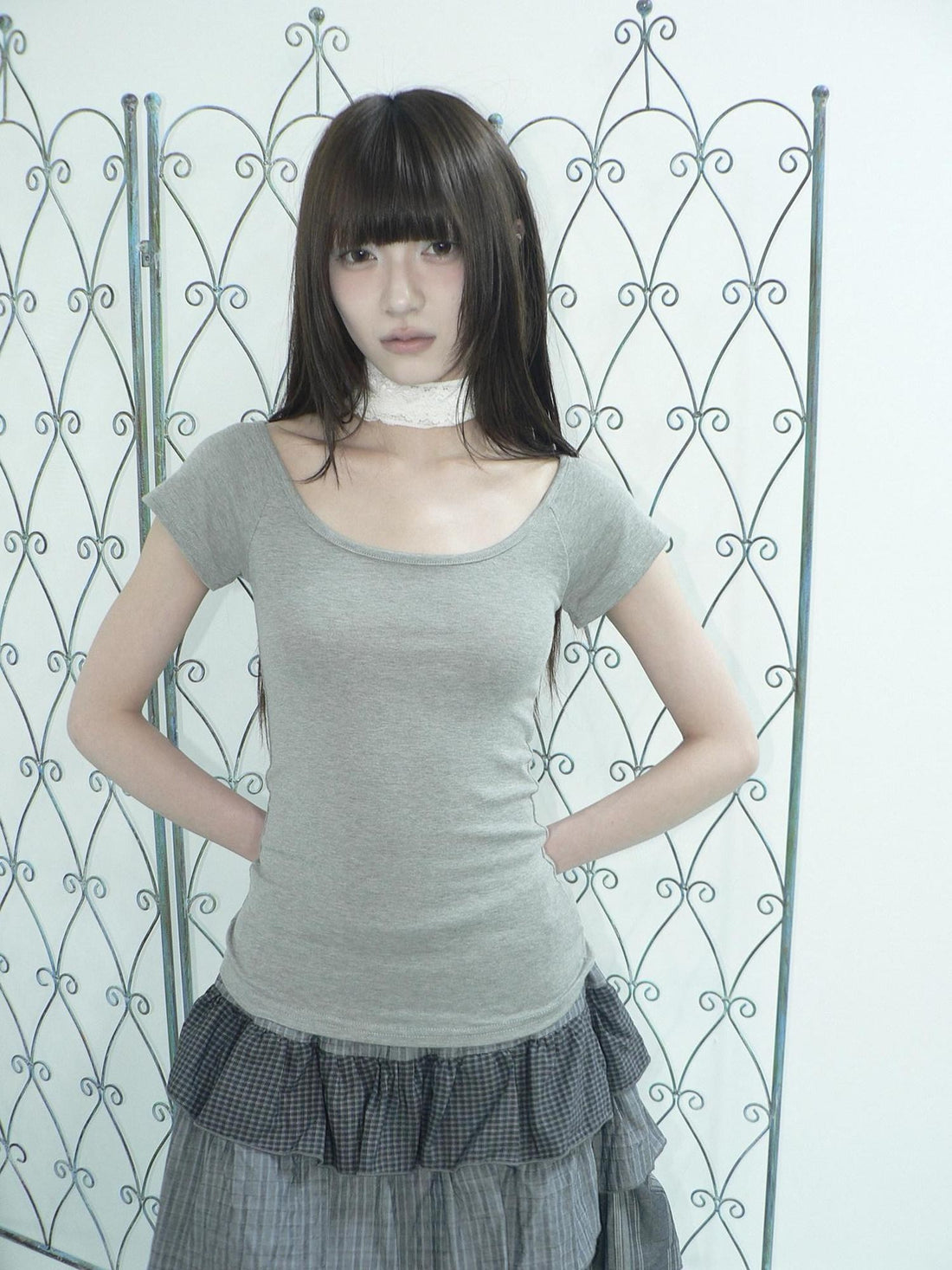 ang project Light Gray Solid Stretch Slim U Neck Women&