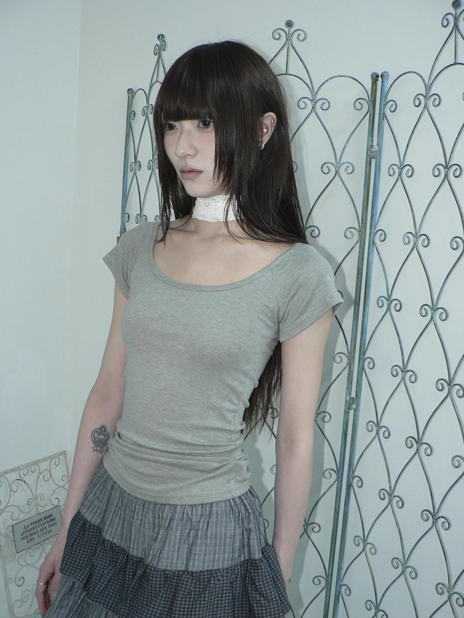 ang project Light Gray Solid Stretch Slim U Neck Women&