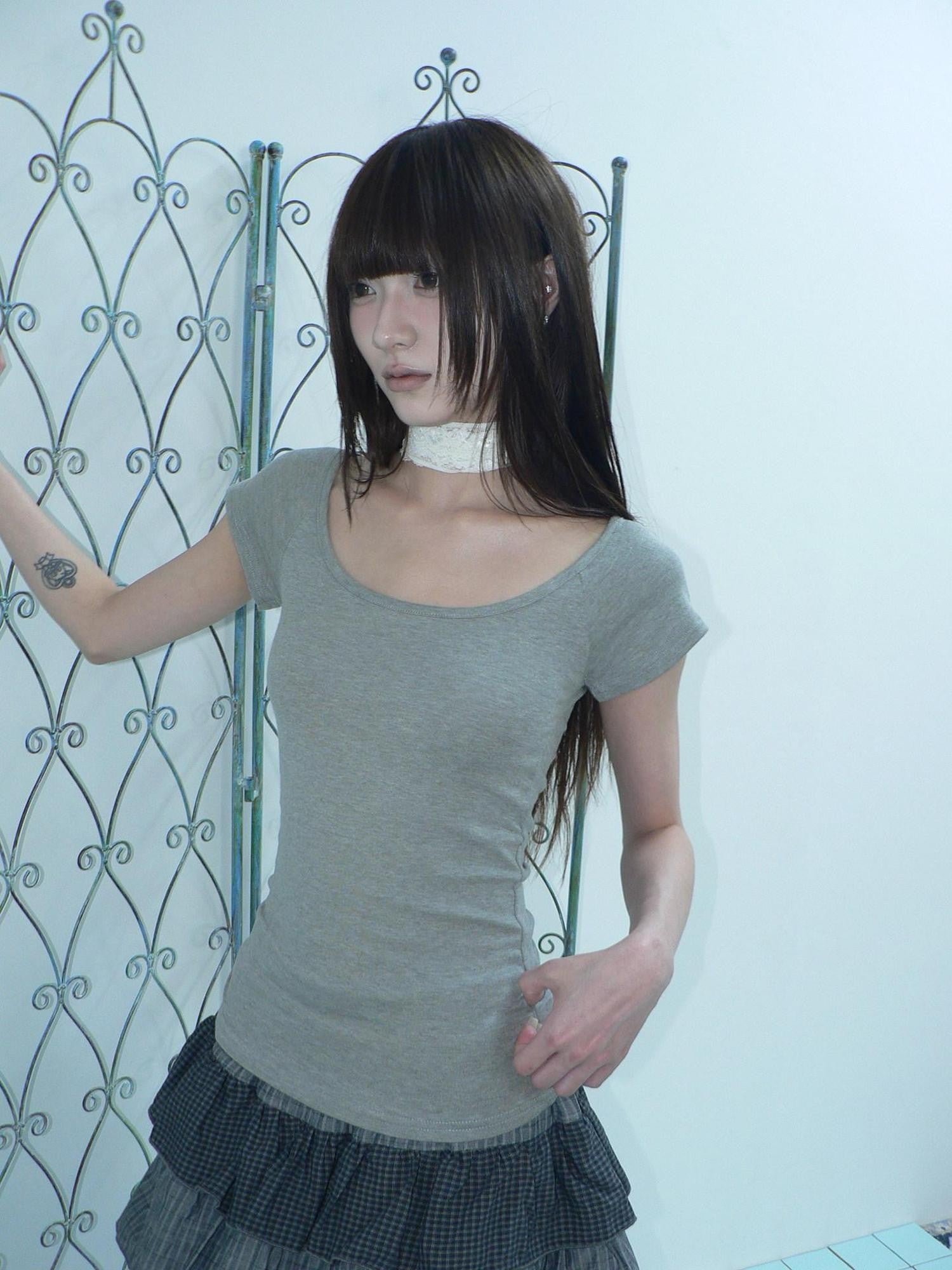 ang project Light Gray Solid Stretch Slim U Neck Women&