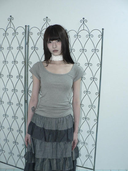 ang project Light Gray Solid Stretch Slim U Neck Women&