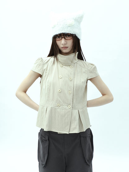 ang_project_Light_Khaki_Pleated_Stand_Collar_Double_Button_Women&