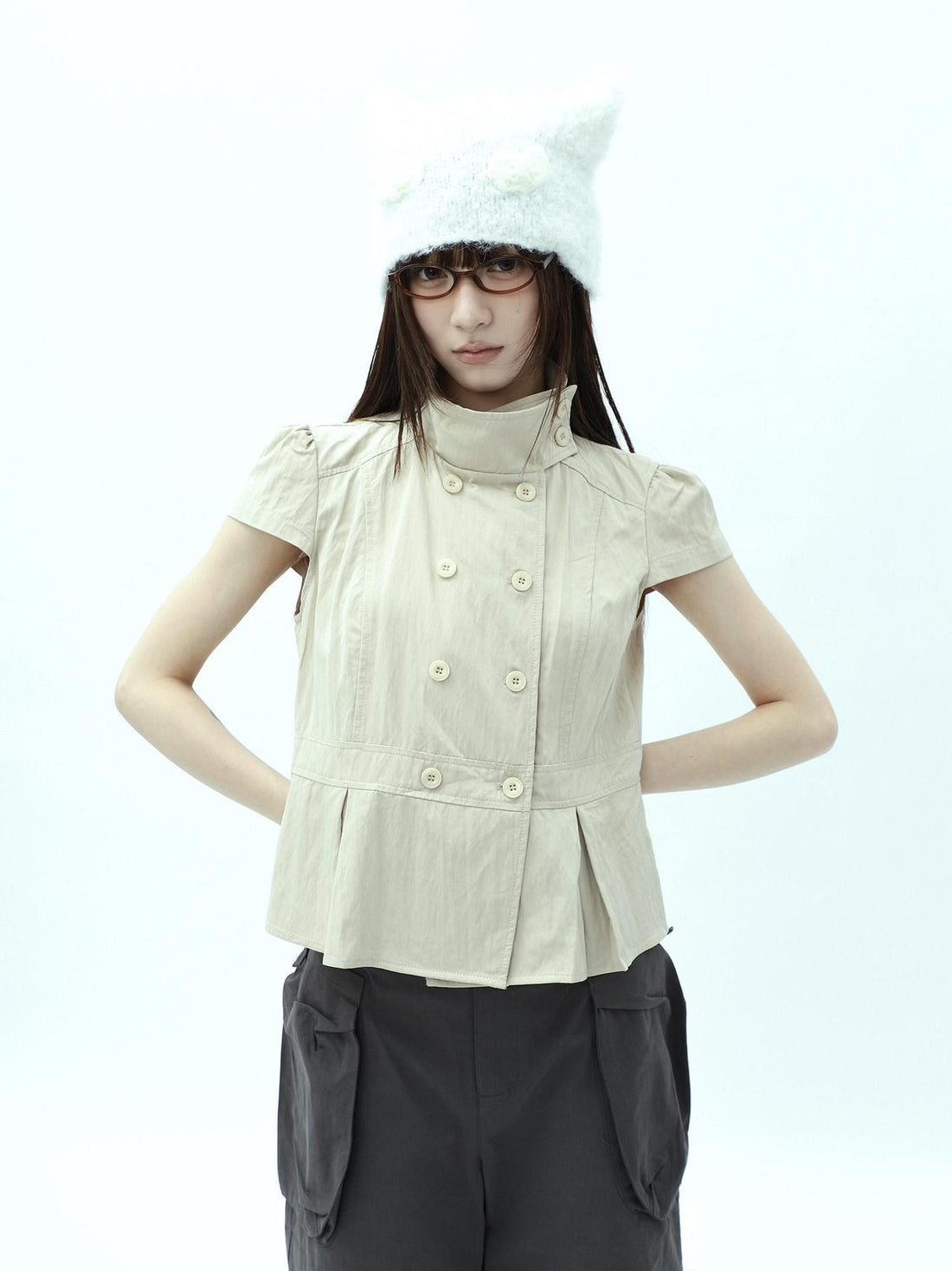 ang project Light Khaki Pleated Stand Collar Double Button Women&