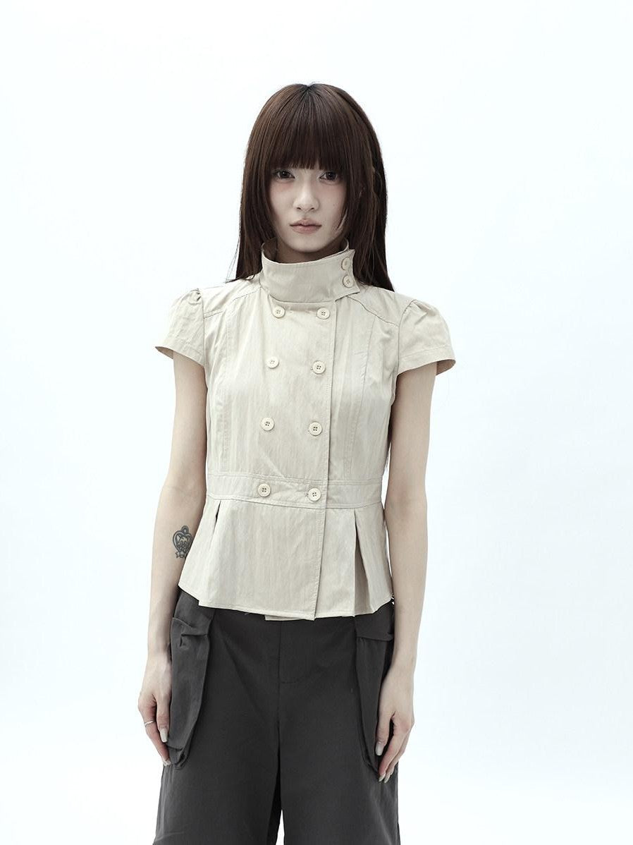 ang project Light Khaki Pleated Stand Collar Double Button Women&