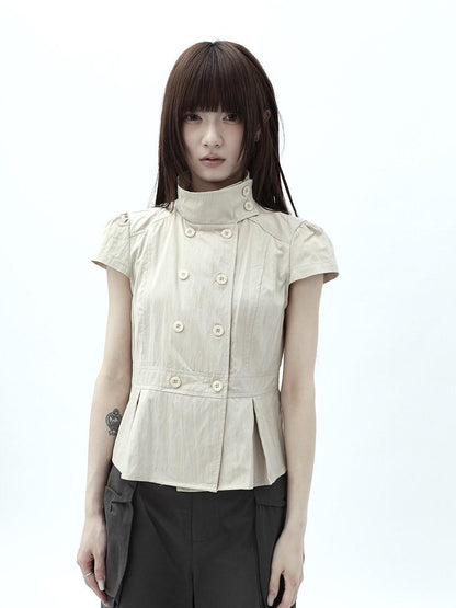 ang project Light Khaki Pleated Stand Collar Double Button Women&