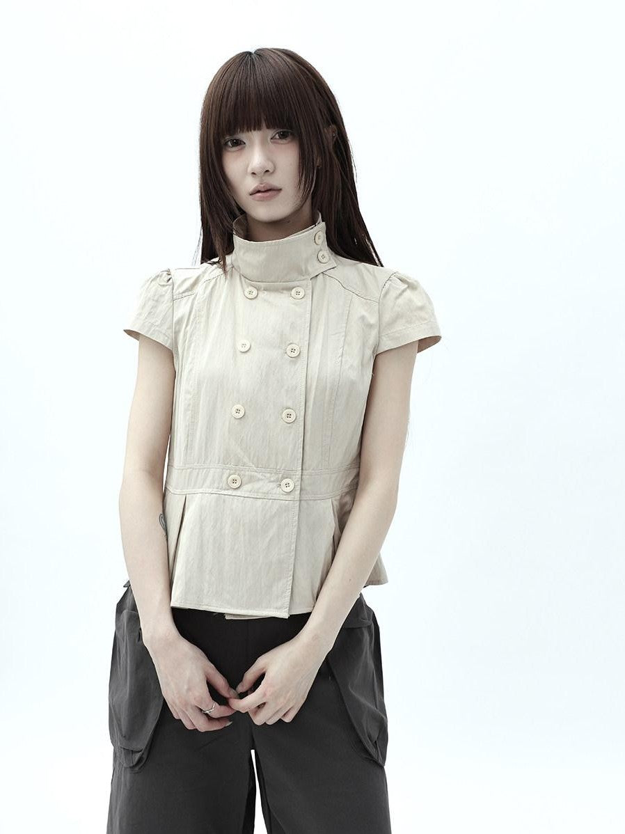 ang project Light Khaki Pleated Stand Collar Double Button Women&