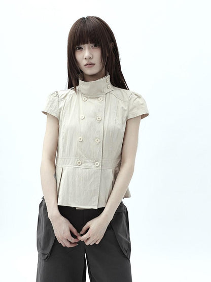 ang project Light Khaki Pleated Stand Collar Double Button Women&
