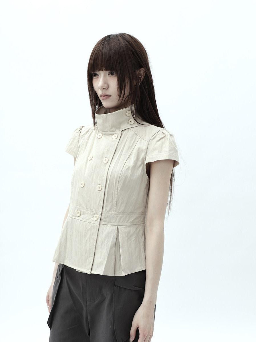 ang project Light Khaki Pleated Stand Collar Double Button Women&