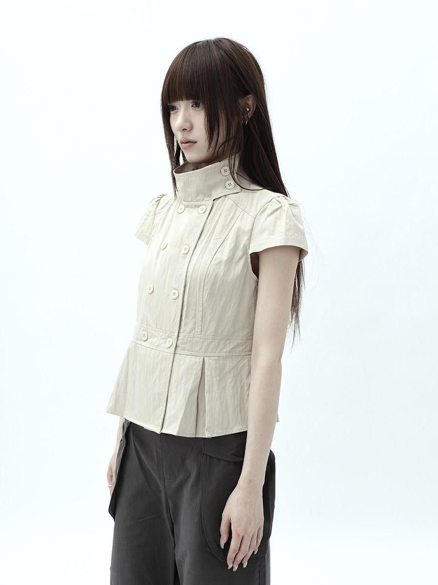 ang project Light Khaki Pleated Stand Collar Double Button Women&