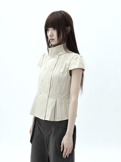 ang project Light Khaki Pleated Stand Collar Double Button Women&