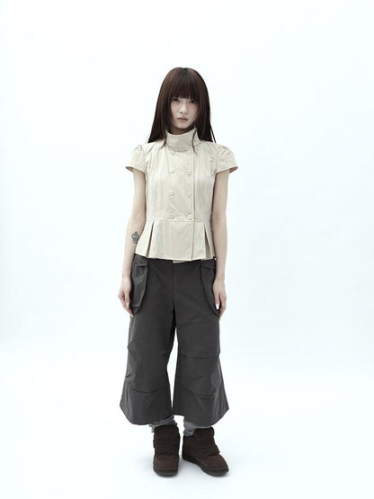 ang project Light Khaki Pleated Stand Collar Double Button Women&