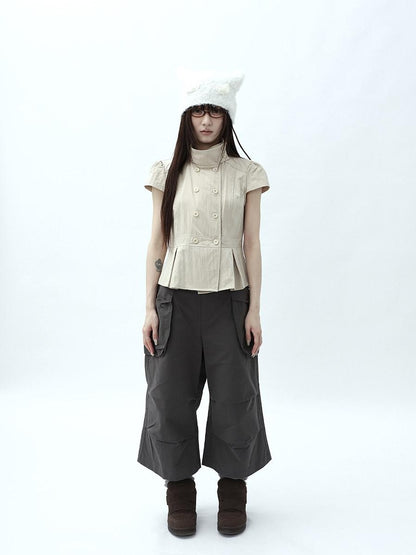 ang project Light Khaki Pleated Stand Collar Double Button Women&