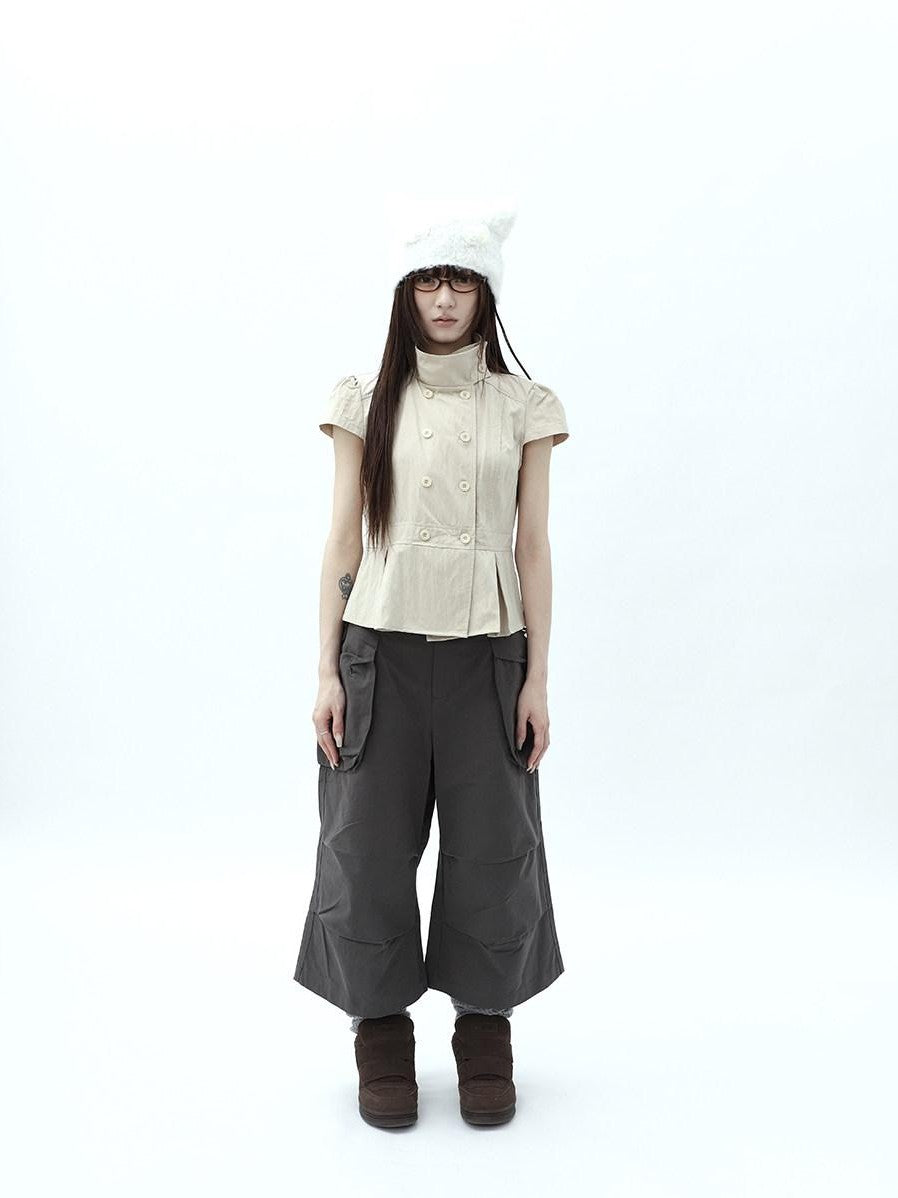 ang project Light Khaki Pleated Stand Collar Double Button Women&