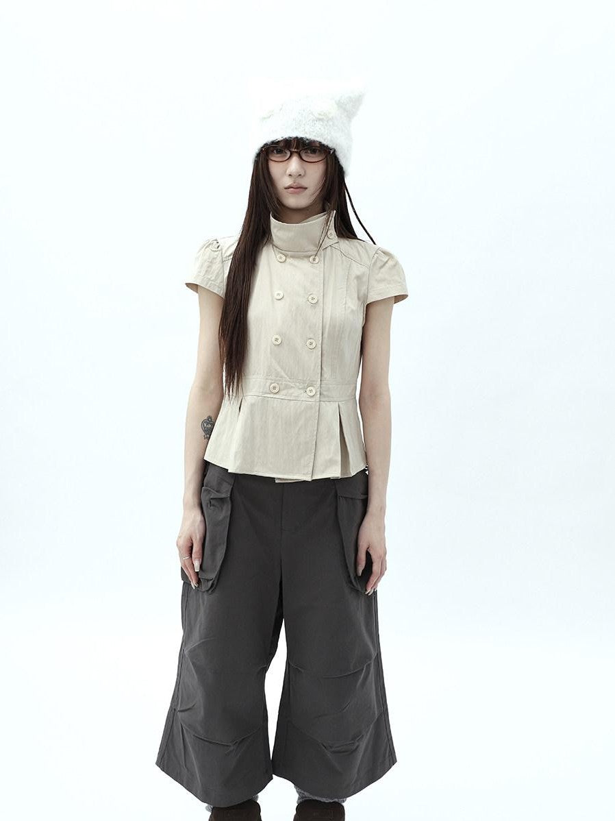 ang project Light Khaki Pleated Stand Collar Double Button Women&