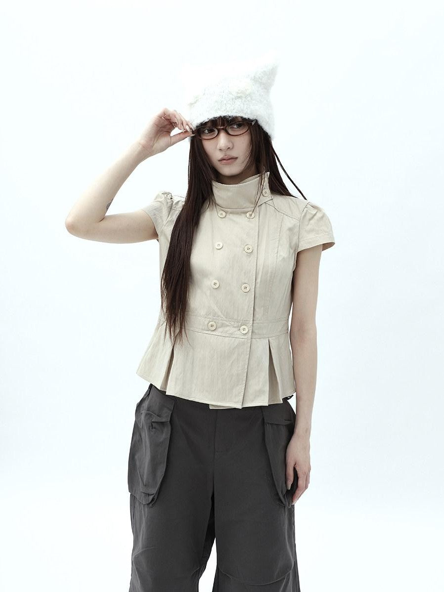 ang project Light Khaki Pleated Stand Collar Double Button Women&