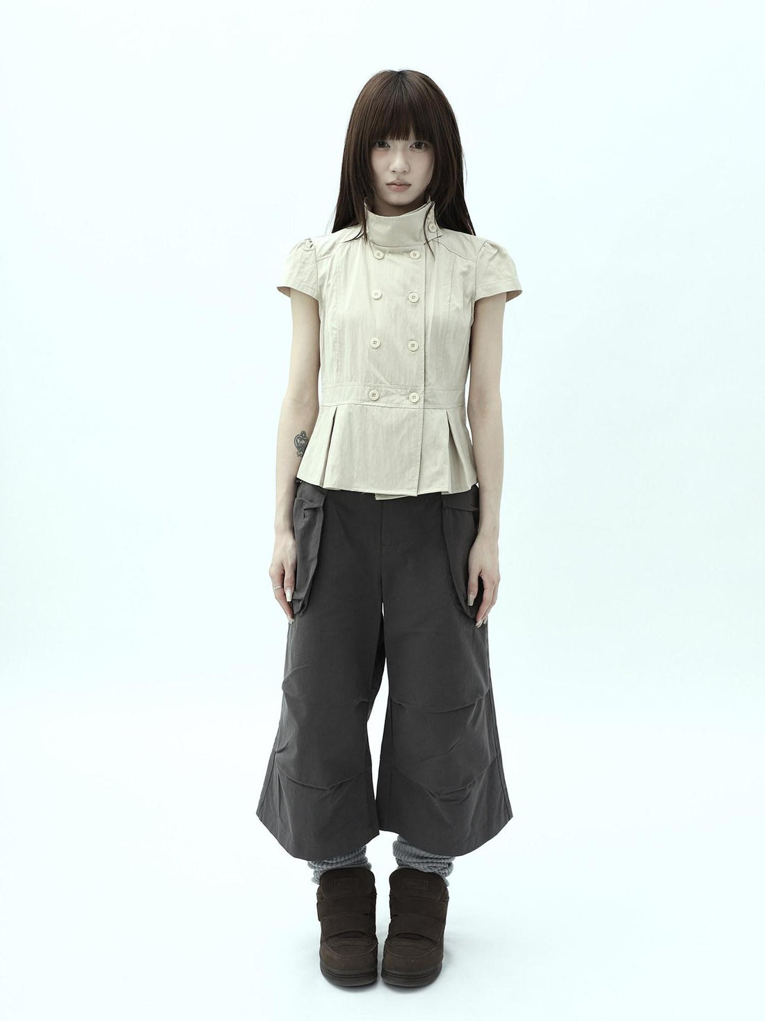 ang project Light Khaki Pleated Stand Collar Double Button Women&