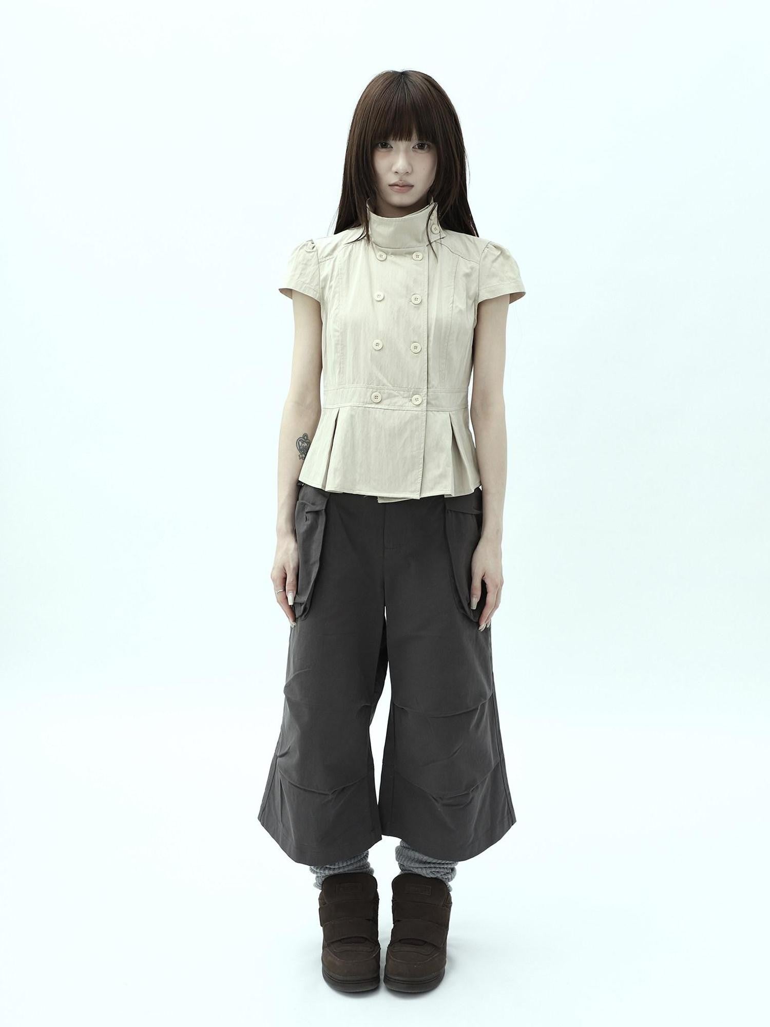 ang project Light Khaki Pleated Stand Collar Double Button Women&