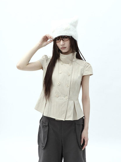 ang project Light Khaki Pleated Stand Collar Double Button Women&