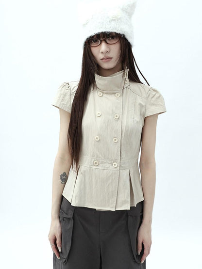 ang project Light Khaki Pleated Stand Collar Double Button Women&