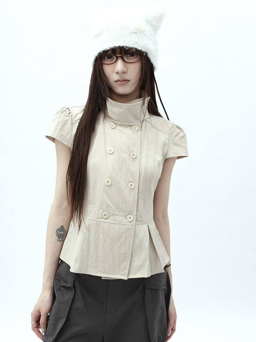 ang project Light Khaki Pleated Stand Collar Double Button Women&