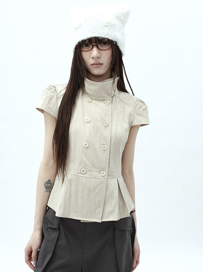 ang project Light Khaki Pleated Stand Collar Double Button Women&