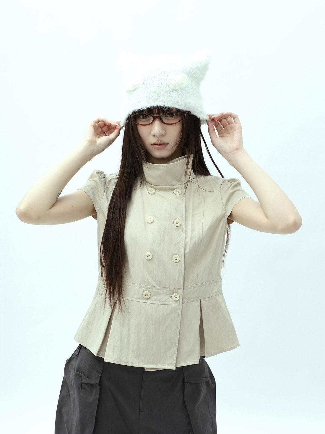 ang project Light Khaki Pleated Stand Collar Double Button Women&