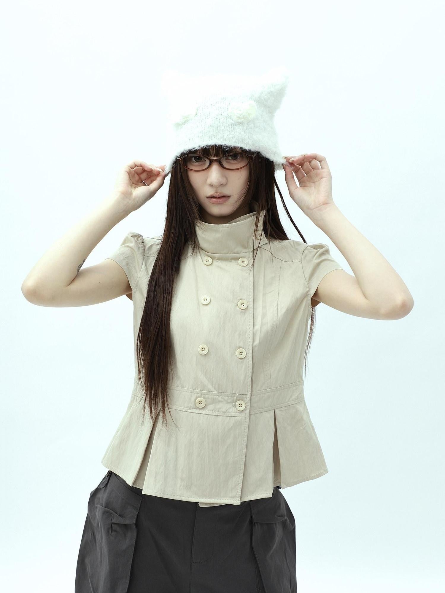 ang project Light Khaki Pleated Stand Collar Double Button Women&