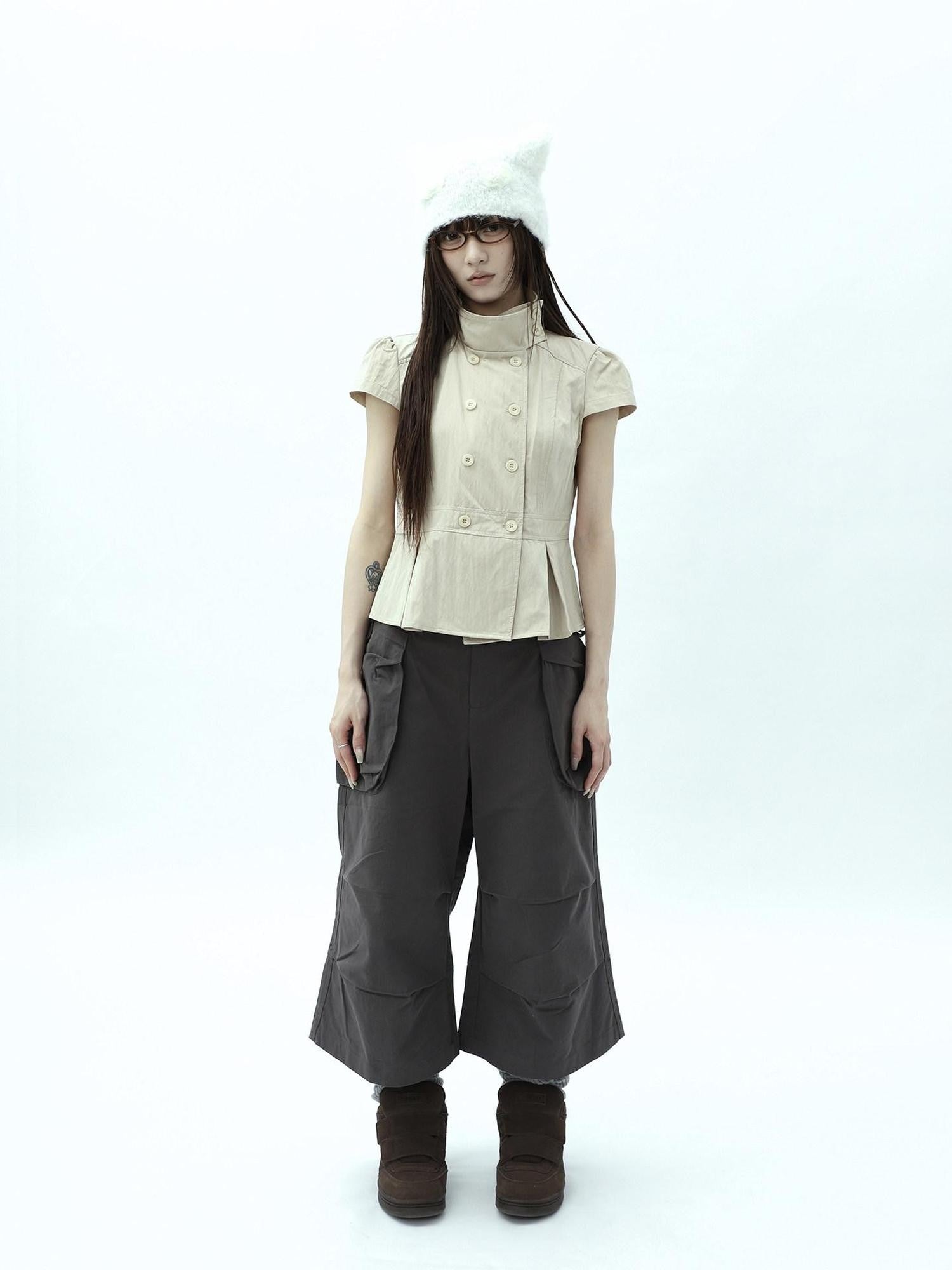 ang project Light Khaki Pleated Stand Collar Double Button Women&
